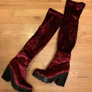 Dolls kill red velvet thigh high boots